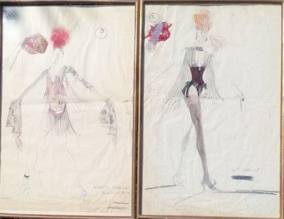 two framed drawings of a woman in a dress and a man in a hat