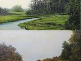 deux tableaux représentant une rivière et un champ herbeux avec des arbres en arrière-plan