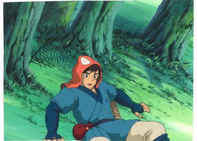 une image représentant un personnage de dessin animé assis par terre devant une forêt