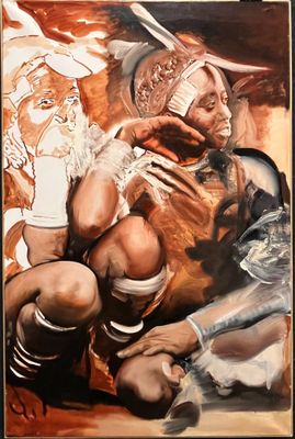 painting of a man sitting on the ground with a knife in his hand