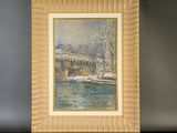 painting of a bridge over a body of water with snow on the ground