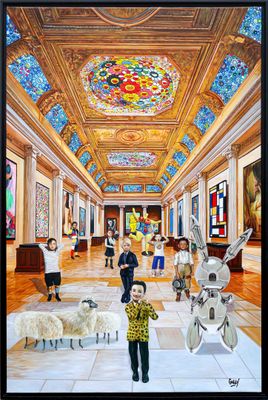 a painting of a group of people standing in a room