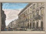 painting of a street scene with a horse drawn carriage in the middle of the street