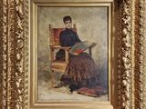 tableau représentant un homme assis sur une chaise en train de lire un livre