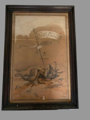 tableau représentant un animal mort avec une banderole accrochée à un mur