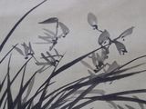 a black and white painting of a plant with leaves