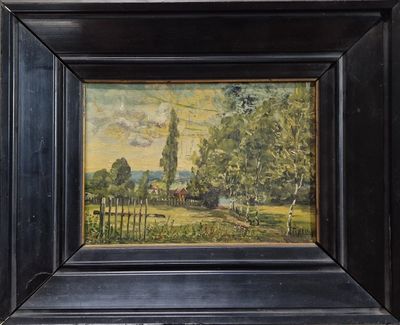 une peinture à l'huile représentant une scène de vie à la ferme, dans un cadre noir
