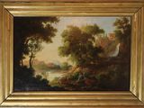 an oil painting of a river scene with a castle in the distance