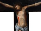 an image of a painting of a man on a cross with blood on it