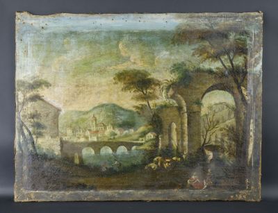 un tableau représentant un paysage avec une rivière et un pont