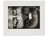 a black and white drawing of a man and woman in a room