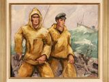 painting of two men in yellow jackets standing on a boat in the ocean