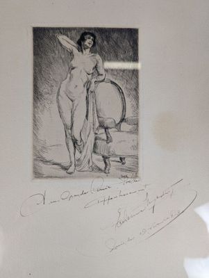 drawing of a woman standing next to a chair with a chair in front of her