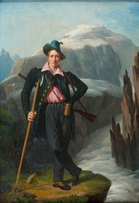 tableau représentant un homme dans un paysage de montagne, muni d'un fusil