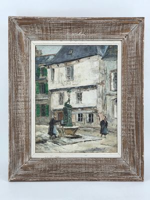 an image of a painting of two people walking in front of a building