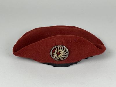 un gros plan sur un chapeau rouge orné d'un lion