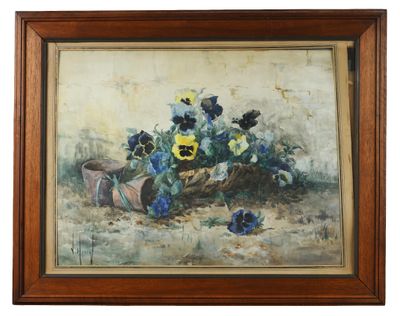 painting of pansies in a vase on a table with a white background