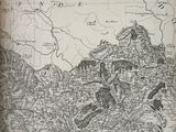 une vieille carte d'une ville avec une montagne en arrière-plan