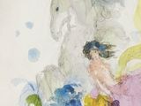 a painting of a woman riding a horse with a unicorn on its back
