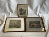 trois reproductions encadrées représentant un village et une église, disposées sur une feuille blanche