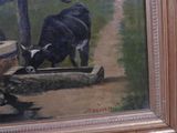 a painting of a cow drinking water from a trough