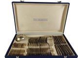 silver plated flatware set in a blue case with matching spoons and spoons