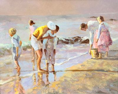 a painting of a family on the beach by the water
