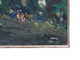 a painting of a group of people riding horses down a hill
