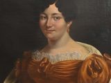 painting of a woman in a brown dress with a white shawl around her neck
