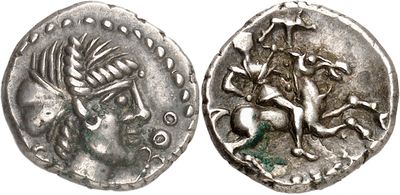 a close up of a coin with a horse and a bird on it