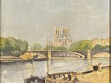 painting of a painting of a river with a bridge in the background