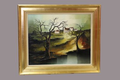peinture d'un paysage avec des arbres et une maison au loin