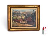 une peinture à l'huile représentant une scène de vie à la ferme avec une vue sur une ville
