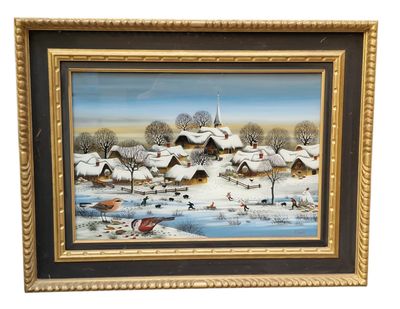 painting of a winter scene with a village in the background