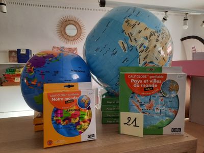 un globe terrestre, un livre et un DVD posés sur une table