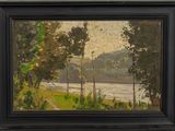 an oil painting of a landscape with trees and a river in the background