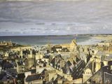 a picture of a painting of a city by the water
