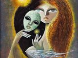 a painting of a woman holding a mask with a green face