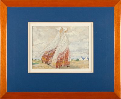 tableau représentant une femme vêtue d'une robe rouge et blanche, dans un cadre bleu