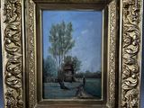 an oil painting of a farm scene in a gold frame