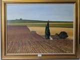an oil painting of a farm scene with a lone tree in the middle of a plowed field
