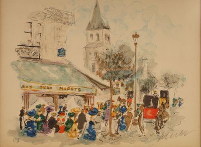 dessin représentant une scène de rue avec une calèche et une foule de passants