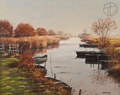 une peinture d'une rivière avec des bateaux