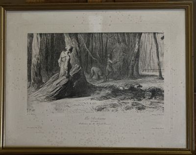 drawing of a man and a woman in a forest with a dog