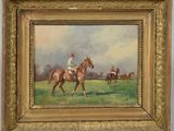 an oil painting of a jockey on a horse in a field