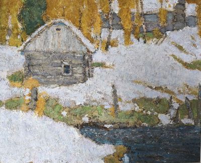 painting of a cabin in the snow with a stream in the foreground