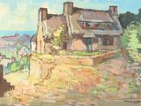 an oil painting of a house on a hill with a view of the ocean