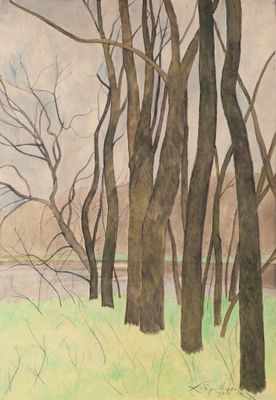 a picture of a painting of some trees in a field