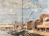 peinture représentant une peinture d'une scène portuaire avec des bateaux sur l'eau