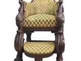 a wooden chair with a yellow upholstered seat